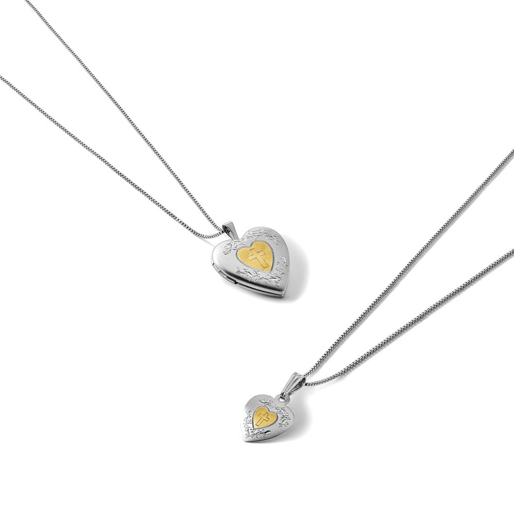 Sterling Silver RH-plated Gold-plated Satin Cross Heart Locket/Pendant Set