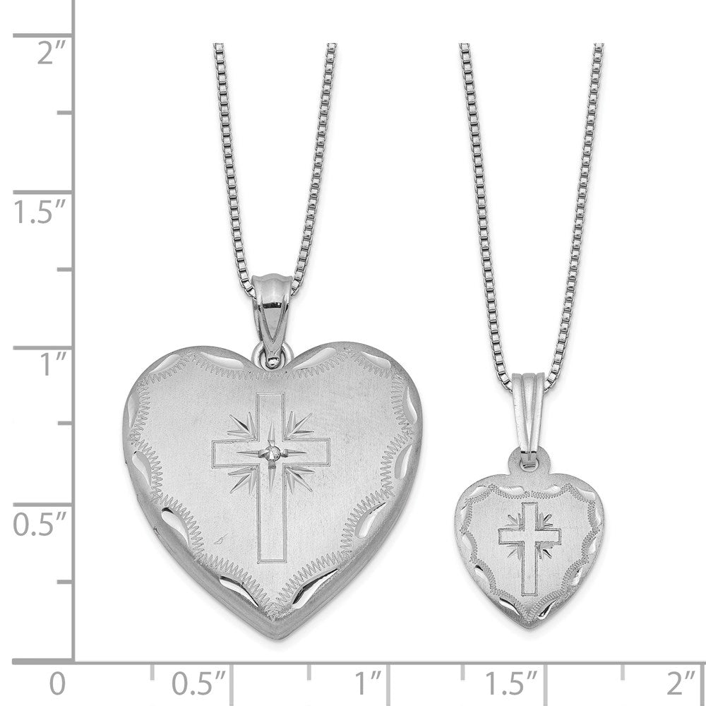 Sterling Silver Rhodium-plated Diamond Cross Heart Locket & Pendant Set