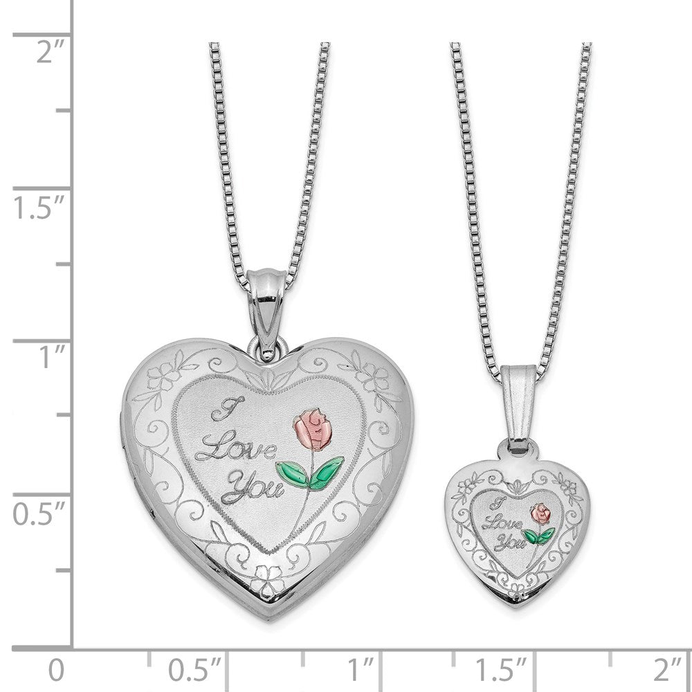 Sterling Silver RH-plated Enamel Rose I Love You Heart Locket & Pendant Set