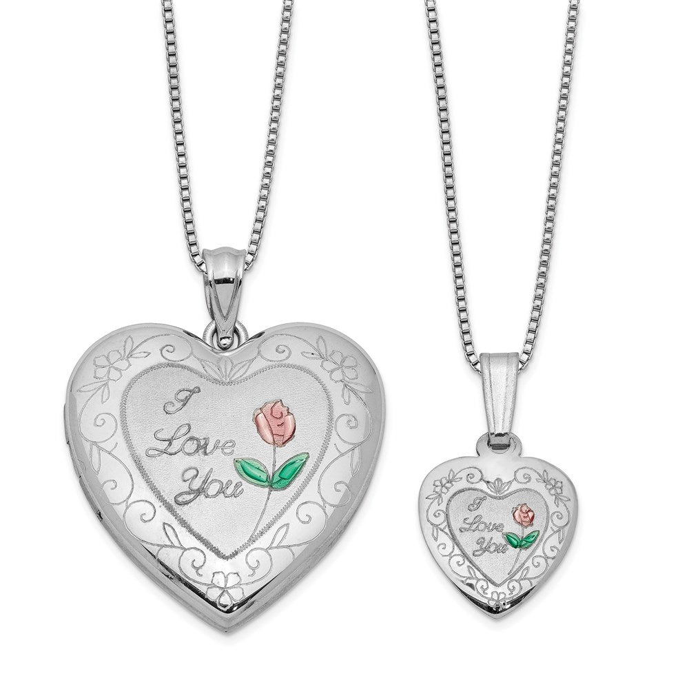 Sterling Silver RH-plated Enamel Rose I Love You Heart Locket & Pendant Set