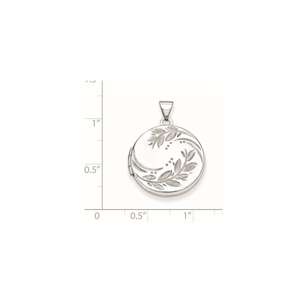 Sterling Silver Rhodium-plated 20mm Round Leaf Floral Locket