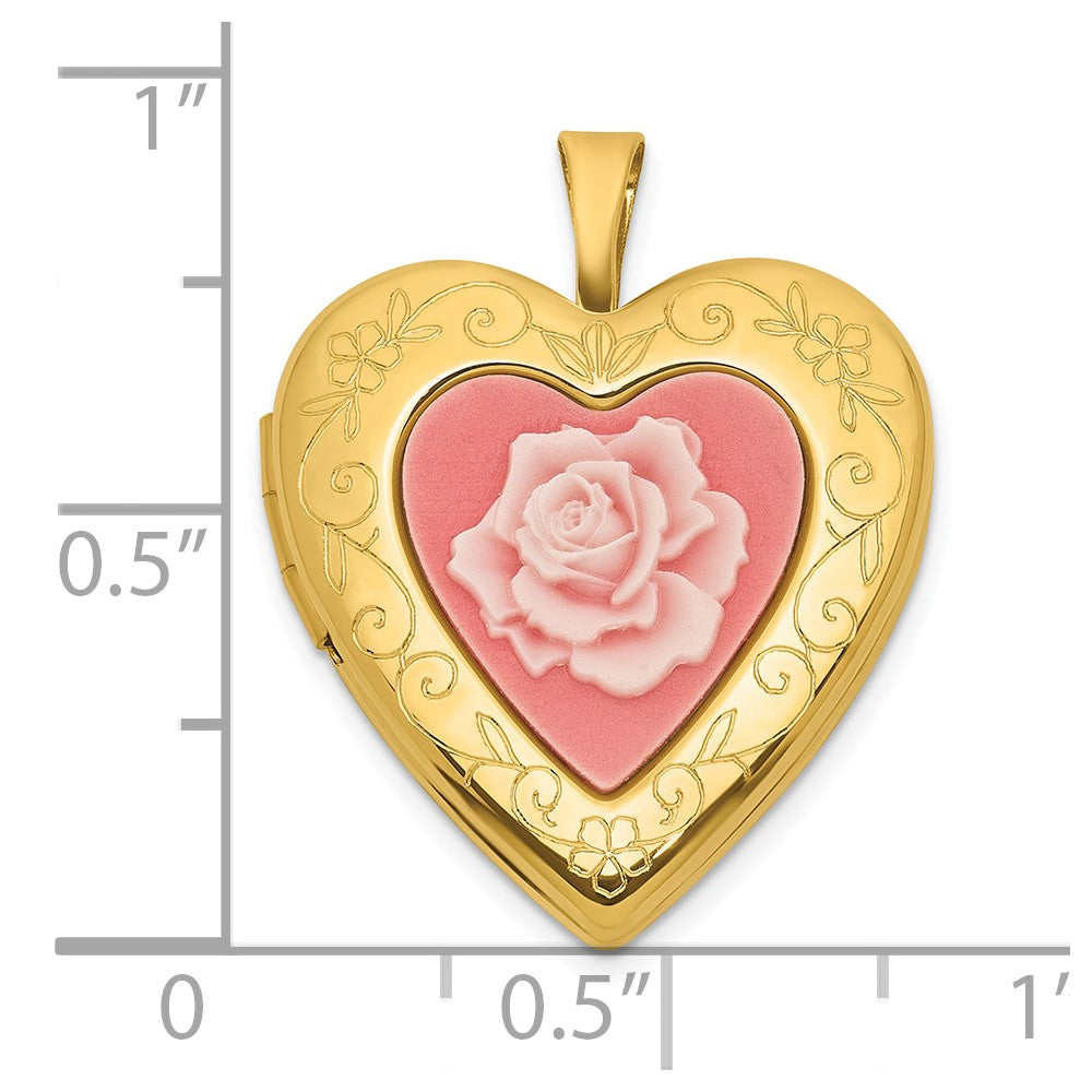 SS Gold-plated Brushed / Polished Pink Flower Resin Cameo 20mm Heart Locket