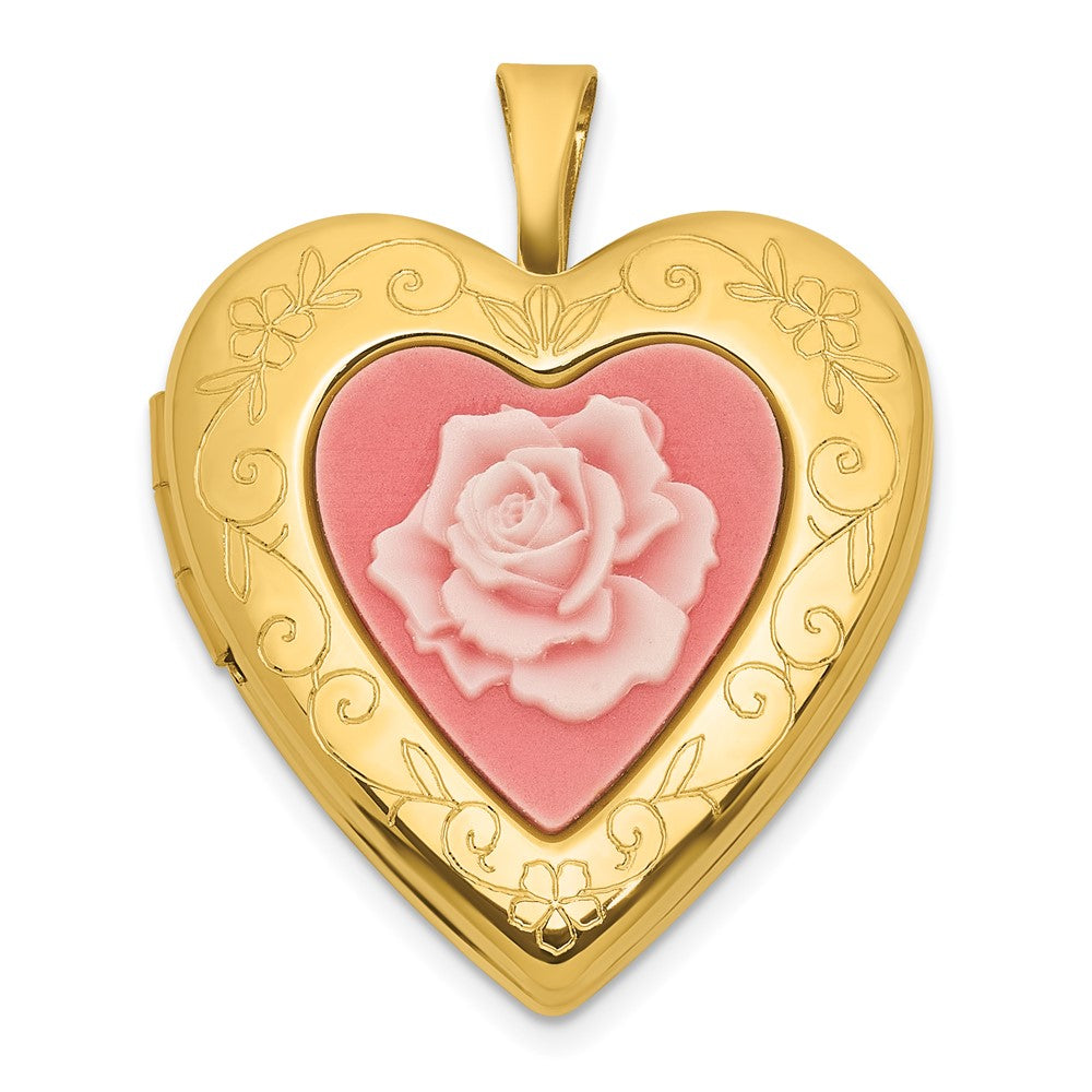 SS Gold-plated Brushed / Polished Pink Flower Resin Cameo 20mm Heart Locket