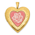 SS Gold-plated Brushed / Polished Pink Flower Resin Cameo 20mm Heart Locket
