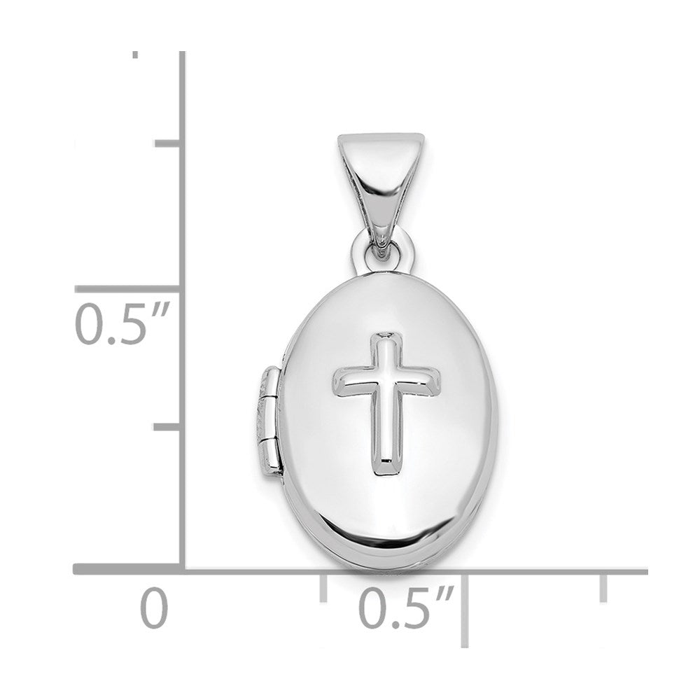 Sterling Silver Rhodium-plated Cross 16mm Oval Locket