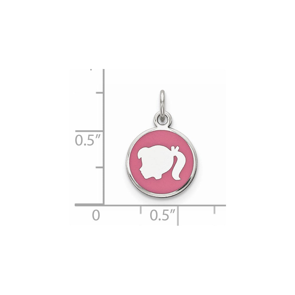 Sterling Silver Rhod-plate Pink Enamel Left Facing Girl Head Disc Charm