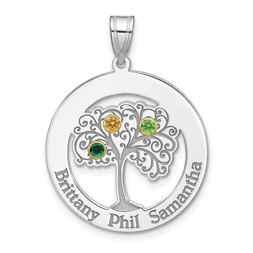 Sterling Silver/Rhod-plated 3 Birthstone w/ 14k Bezel Family Pendant