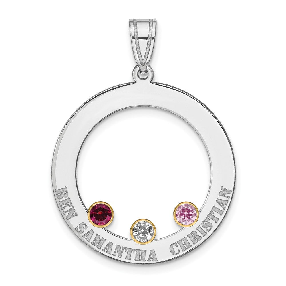 SSilver/Rh-plated 3 Birthstone Circle w/ 14k Bezel Family Pendant