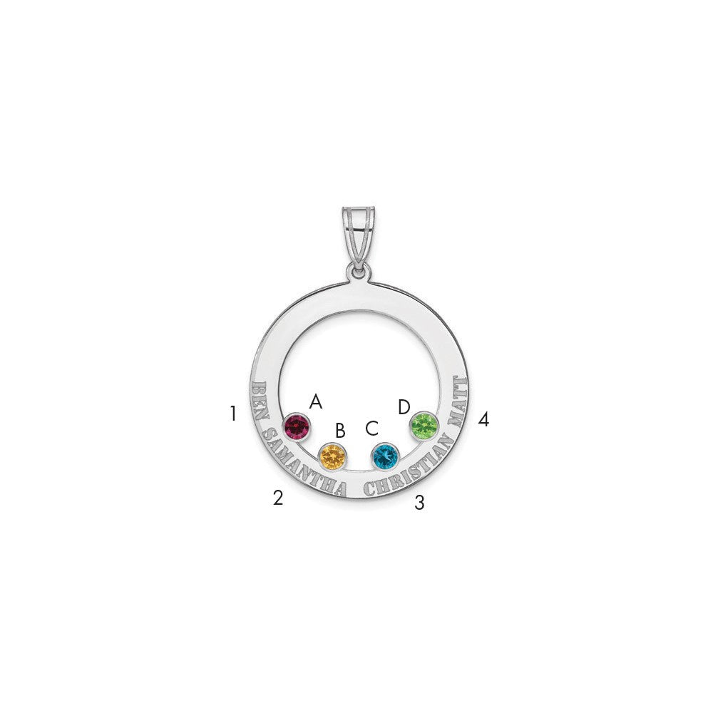 SSilver/Rh-plated 4 Birthstone Circle w/SSilver Bezel Family Pendant