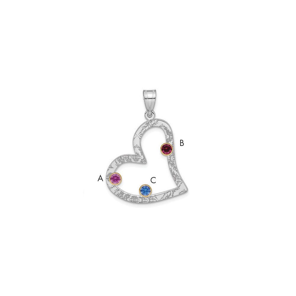 SSilver/Rh-plated 3 Birthstone Heart with 14k Bezel Family Pendant