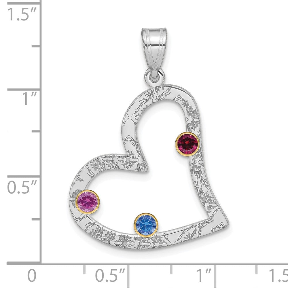 SSilver/Rh-plated 3 Birthstone Heart with 14k Bezel Family Pendant
