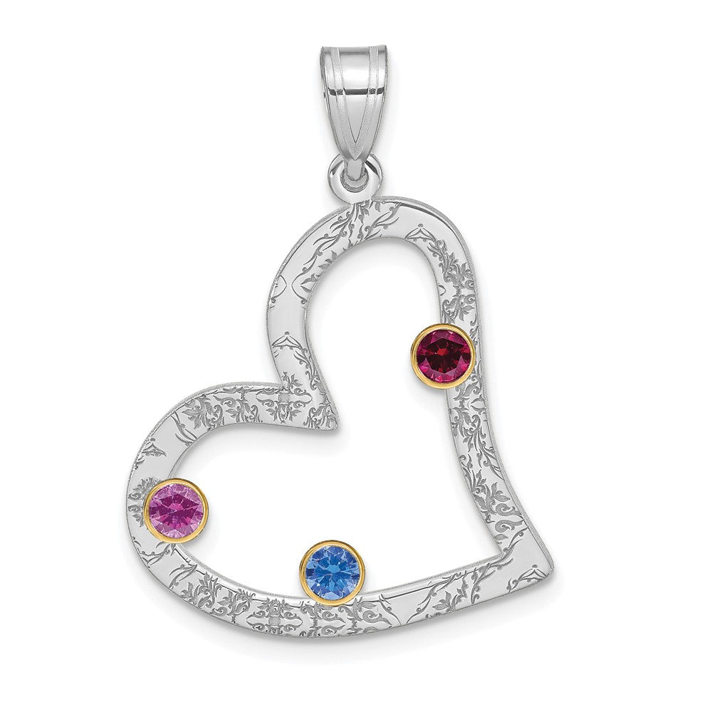 SSilver/Rh-plated 3 Birthstone Heart with 14k Bezel Family Pendant