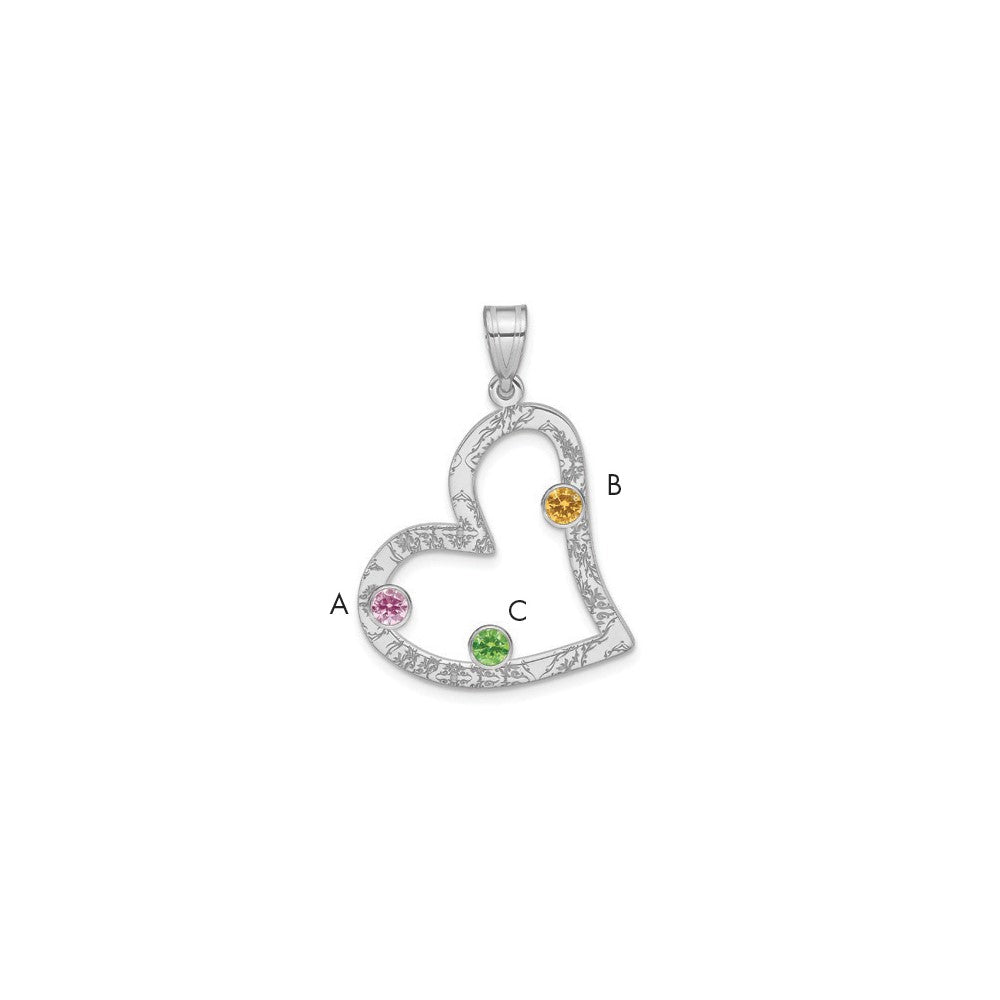 SSilver/Rh-plated 3 Birthstone Heart with SSilver Bezel Family Pendant