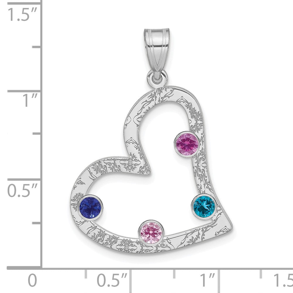 SSilver/Rh-plated 4 Birthstone Heart w/SSilver Bezel Family Pendant