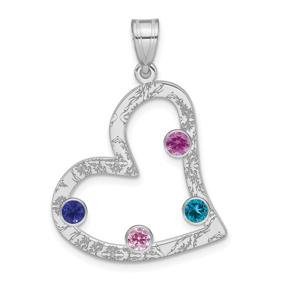 SSilver/Rh-plated 4 Birthstone Heart w/SSilver Bezel Family Pendant