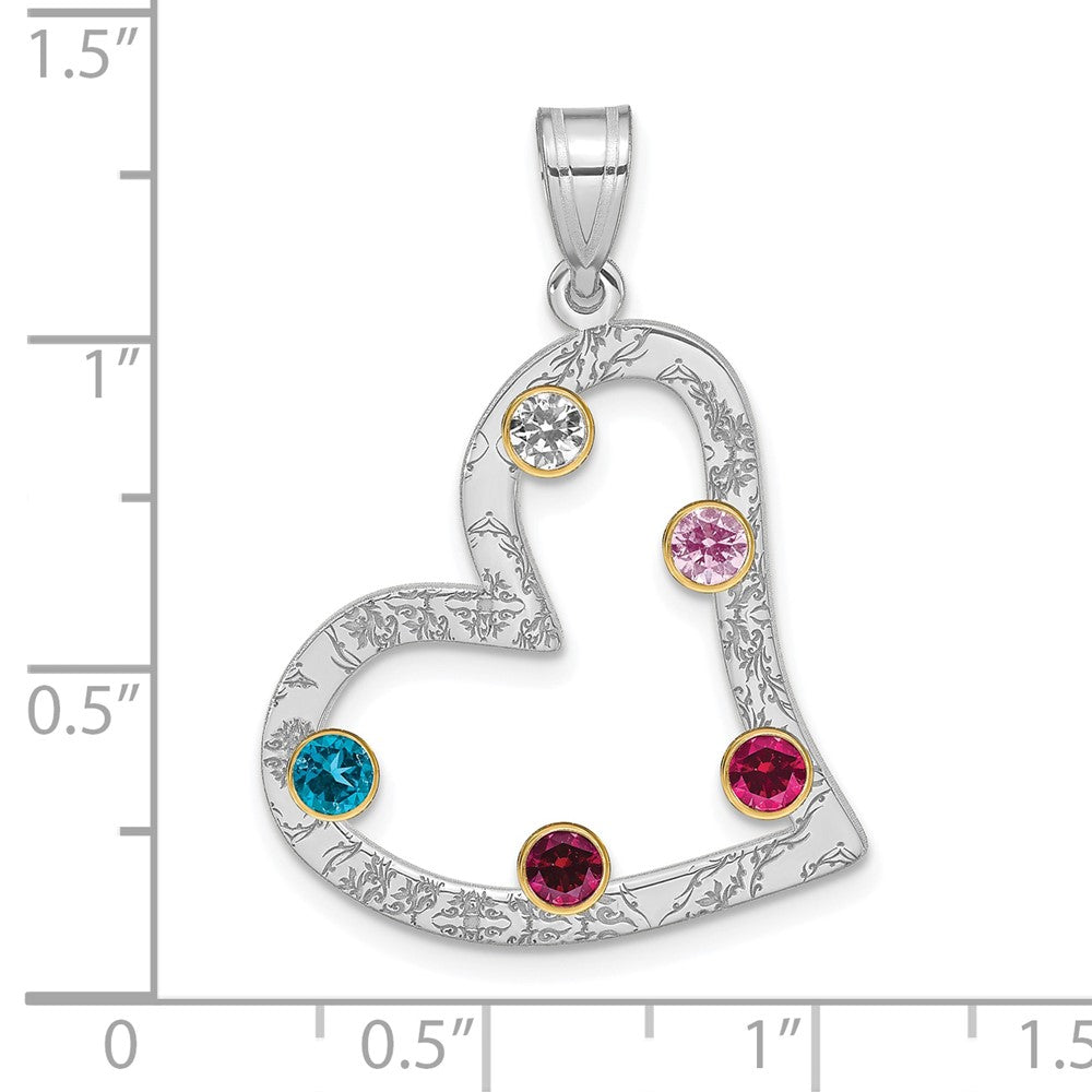 SSilver/Rh-plated 5 Birthstone Heart with 14k Bezel Family Pendant