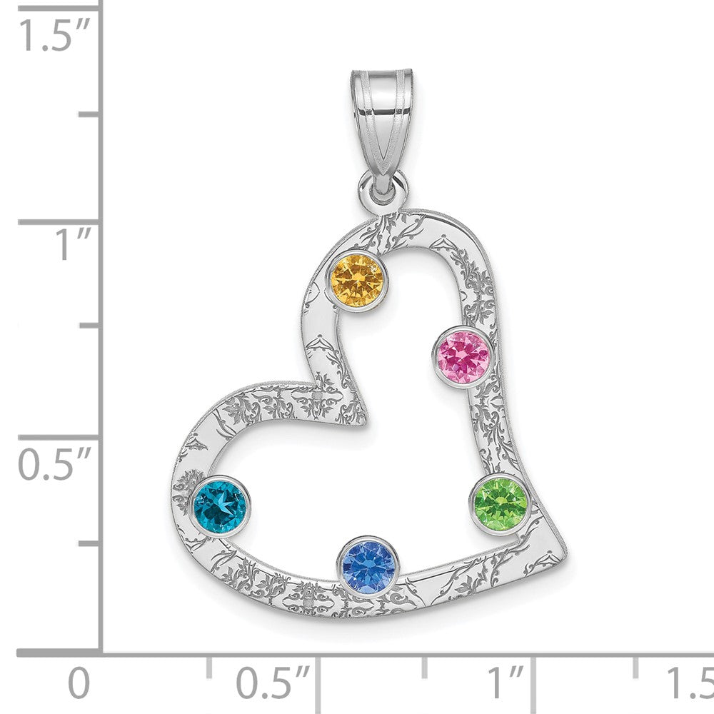 SSilver/Rh-plated 5 Birthstone Heart with SSilver Bezel Family Pendant