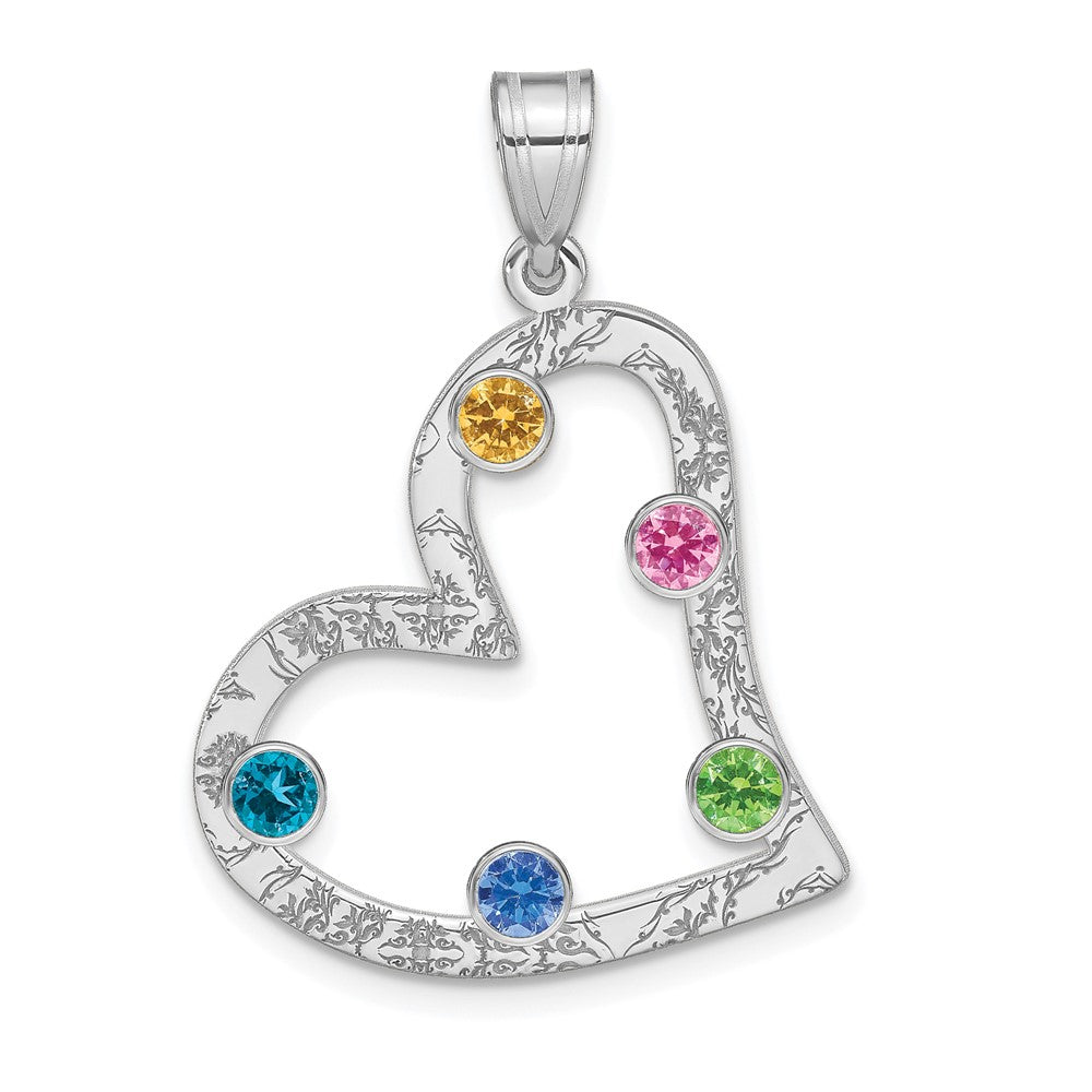 SSilver/Rh-plated 5 Birthstone Heart with SSilver Bezel Family Pendant