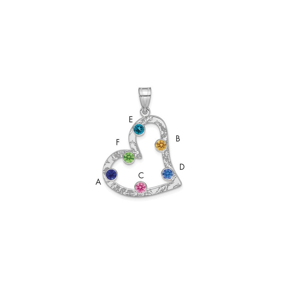 SSilver/Rh-plated 6 Birthstone Heart with SSilver Bezel Family Pendant