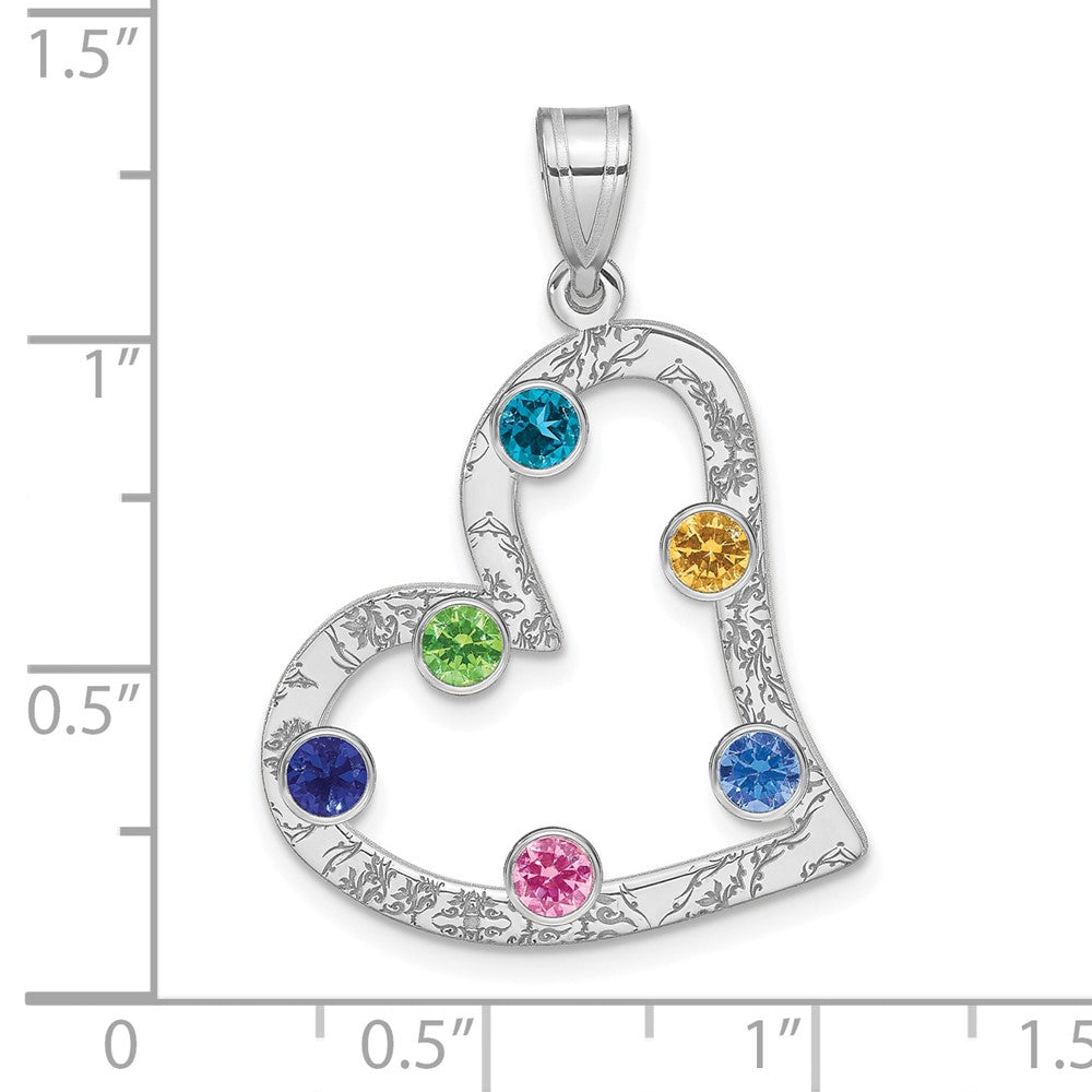 SSilver/Rh-plated 6 Birthstone Heart with SSilver Bezel Family Pendant
