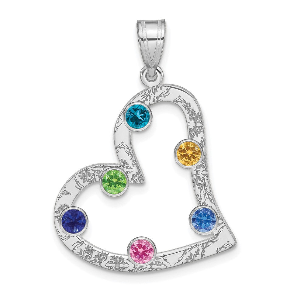 SSilver/Rh-plated 6 Birthstone Heart with SSilver Bezel Family Pendant