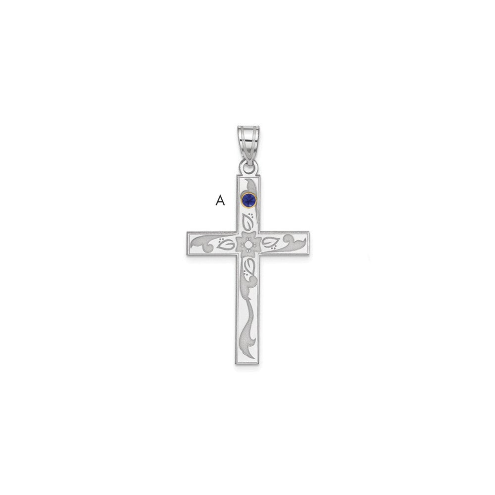 Sterling Silver Rh-plt/14k Bezel Crystal Family Cross Pendant