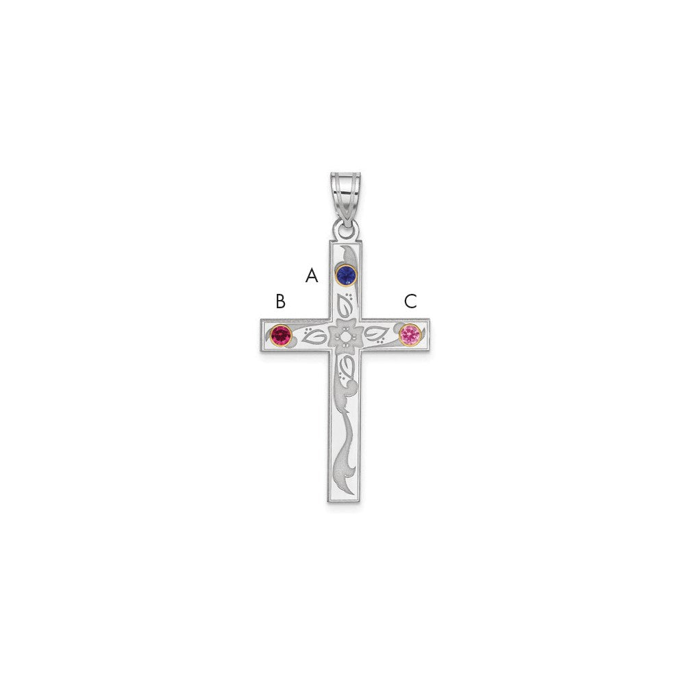 Sterling Silver Rh-plt/14k Bezel Crystal Family Cross Pendant
