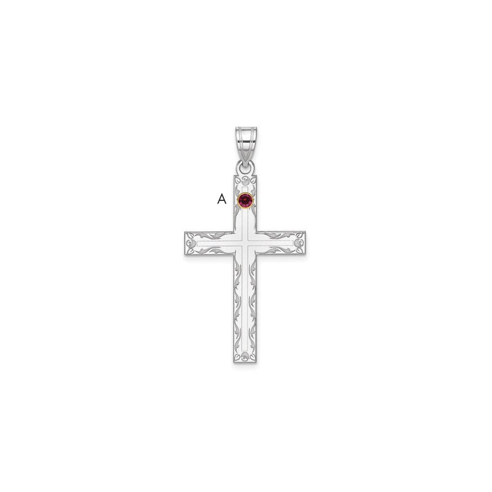 Sterling Silver Rh-plt/14k Bezel Crystal Family Cross Pendant