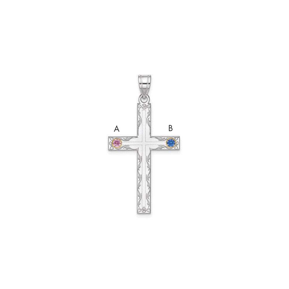 Sterling Silver Rh-plt/14k Bezel Crystal Family Cross Pendant