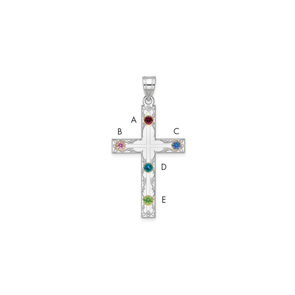 Sterling Silver Rh-plt/14k Bezel Crystal Family Cross Pendant