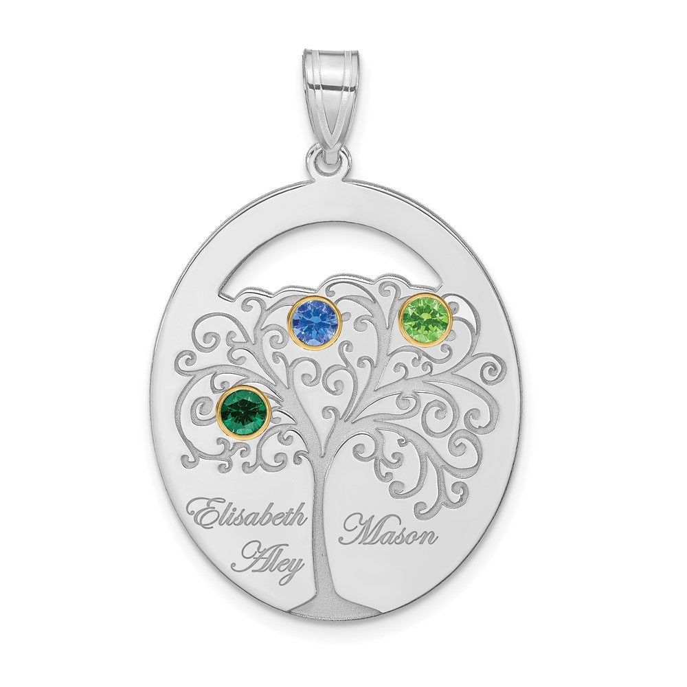 Sterling Silver/Rhod-plated 3 Birthstone w/ 14k Bezel Family Pendant