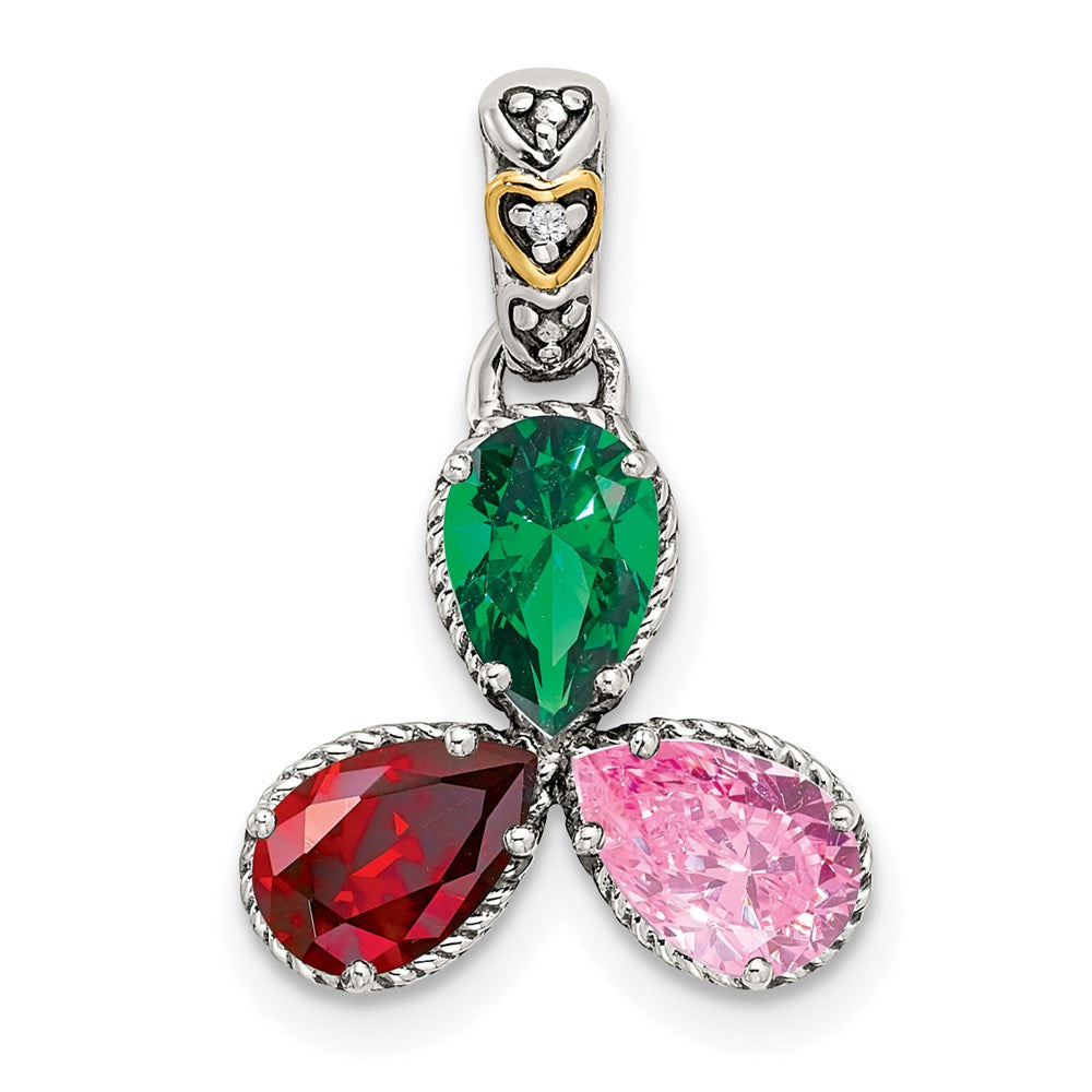 Sterling Silver Antiqued w/14k 3-stone w/Diamond Mothers Pendant Semi-Mount