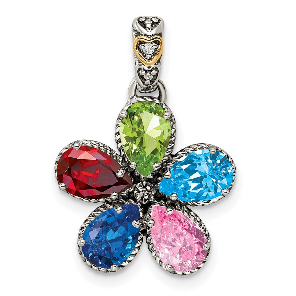 Sterling Silver Antiqued w/14k 5-stone w/Diamond Mother's Pendant