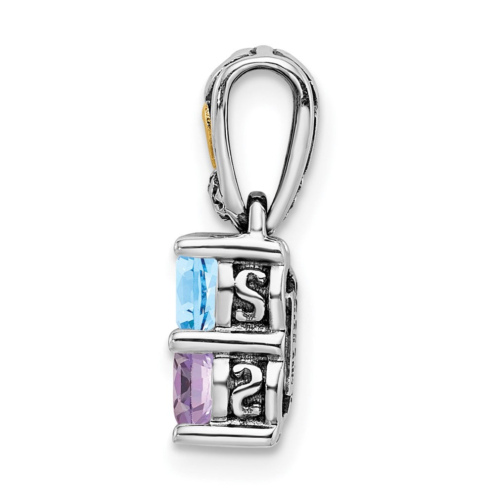 Sterling Silver Antiqued w/14k 2-stone w/Diamond Mother's Pendant