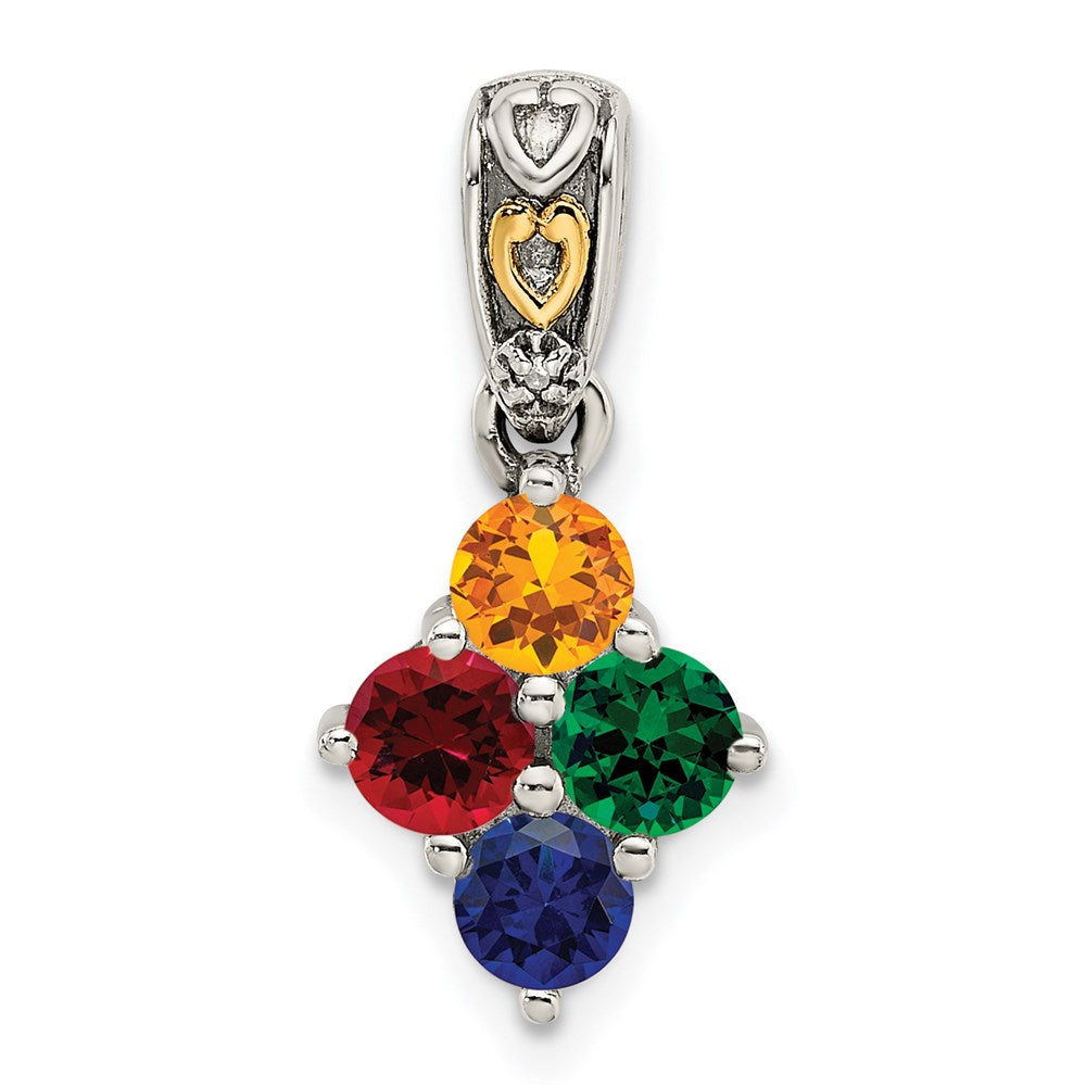 Sterling Silver Antiqued w/14k 4-stone w/Diamond Mother's Pendant