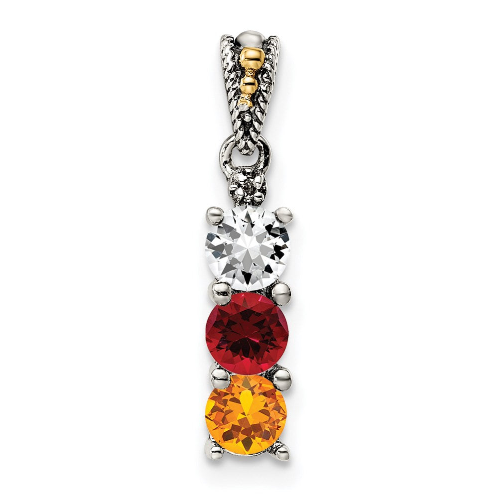 Sterling Silver Antiqued w/14k 3-stone w/Diamond Mother's Pendant