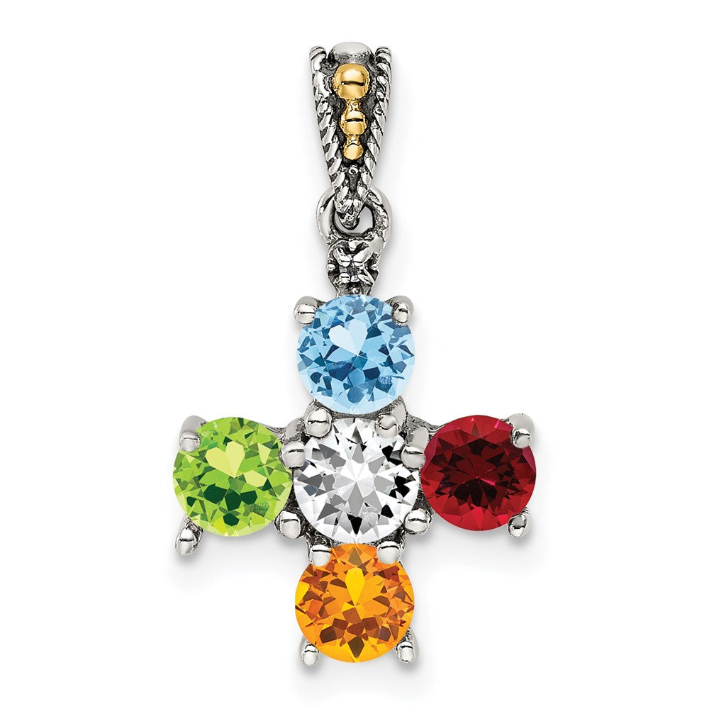Sterling Silver Antiqued w/14k 5-stone w/Diamond Mother's Pendant