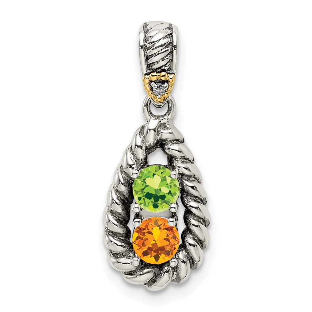 Sterling Silver Antiqued w/14k 2-stone w/Diamond Mother's Pendant