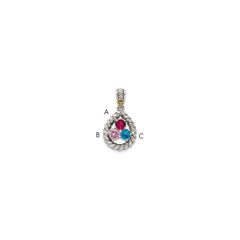 Sterling Silver Antiqued w/14k 3-stone w/Diamond Mothers Pendant Semi-Mount