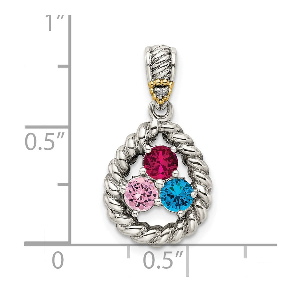 Sterling Silver Antiqued w/14k 3-stone w/Diamond Mothers Pendant Semi-Mount