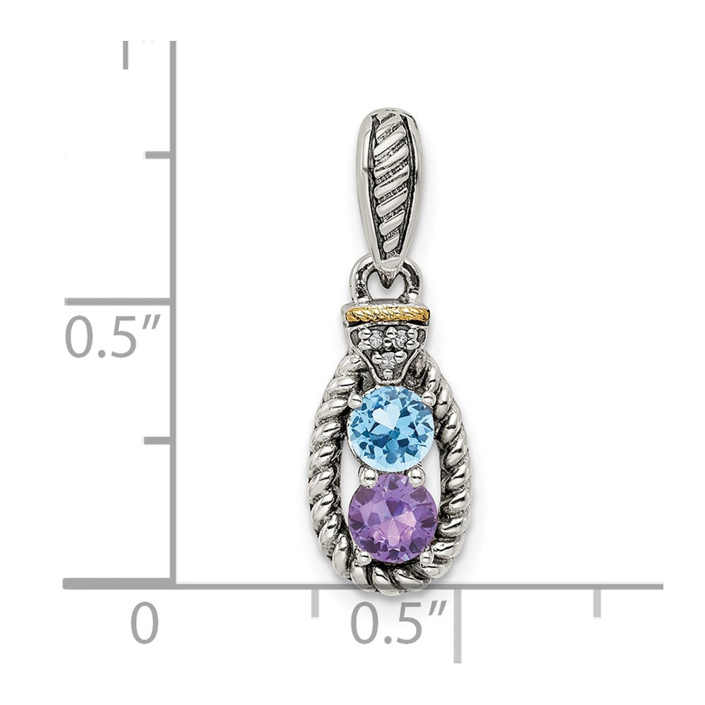 Sterling Silver Antiqued w/14k 2-stone w/Diamond Mother's Pendant