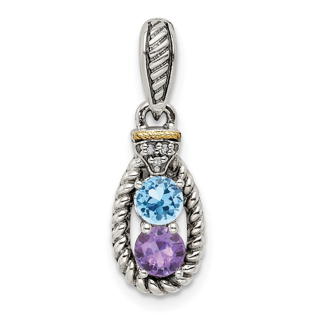 Sterling Silver Antiqued w/14k 2-stone w/Diamond Mothers Pendant Semi-Mount