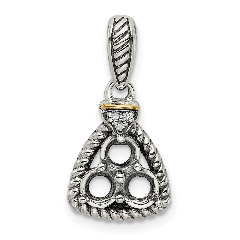 Sterling Silver Antiqued w/14k 3-stone w/Diamond Mothers Pendant Semi-Mount
