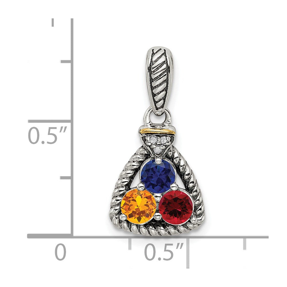 Sterling Silver Antiqued w/14k 3-stone w/Diamond Mothers Pendant Semi-Mount