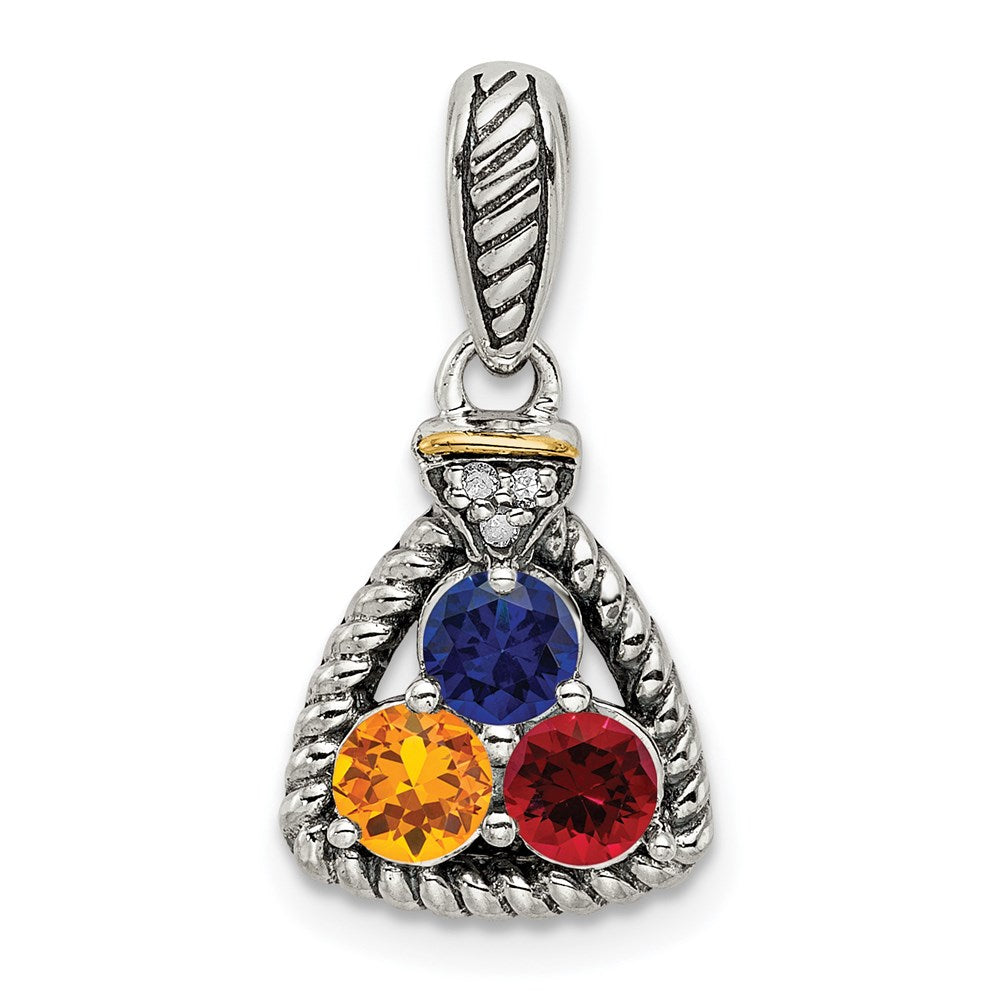 Sterling Silver Antiqued w/14k 3-stone w/Diamond Mothers Pendant Semi-Mount