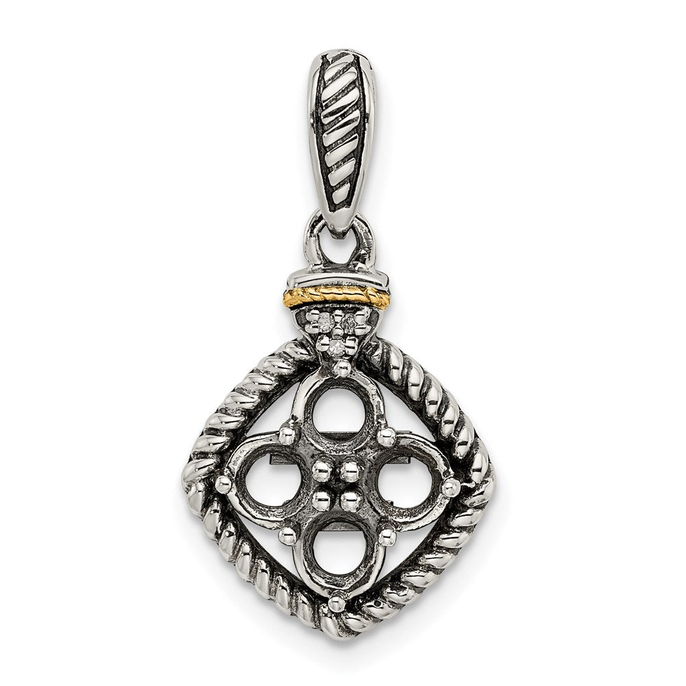 Sterling Silver Antiqued w/14k 4-stone w/Diamond Mothers Pendant Semi-Mount