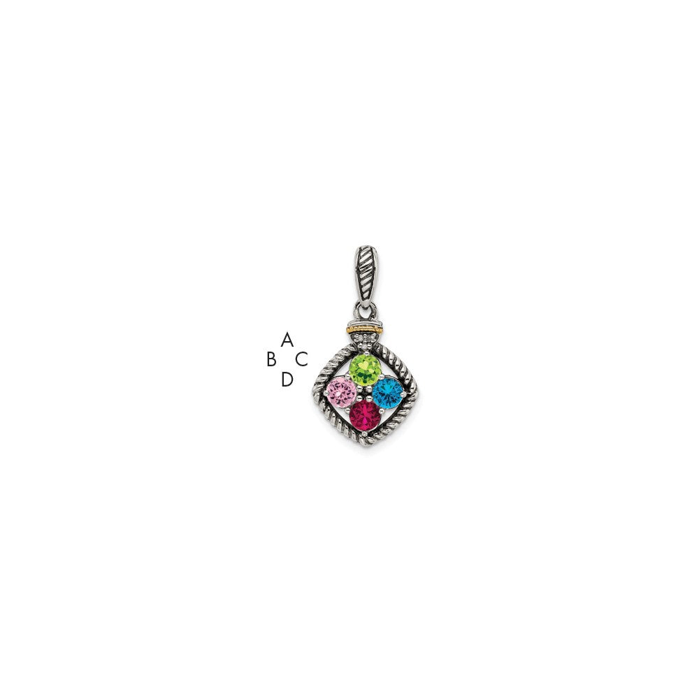Sterling Silver Antiqued w/14k 4-stone w/Diamond Mother's Pendant