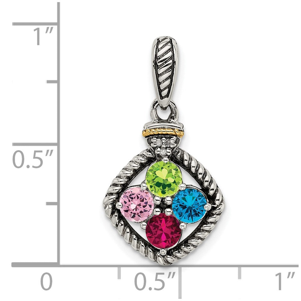 Sterling Silver Antiqued w/14k 4-stone w/Diamond Mothers Pendant Semi-Mount