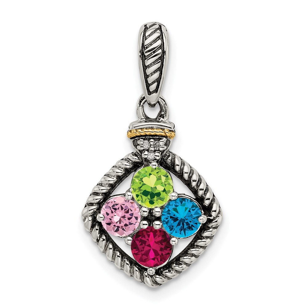 Sterling Silver Antiqued w/14k 4-stone w/Diamond Mothers Pendant Semi-Mount