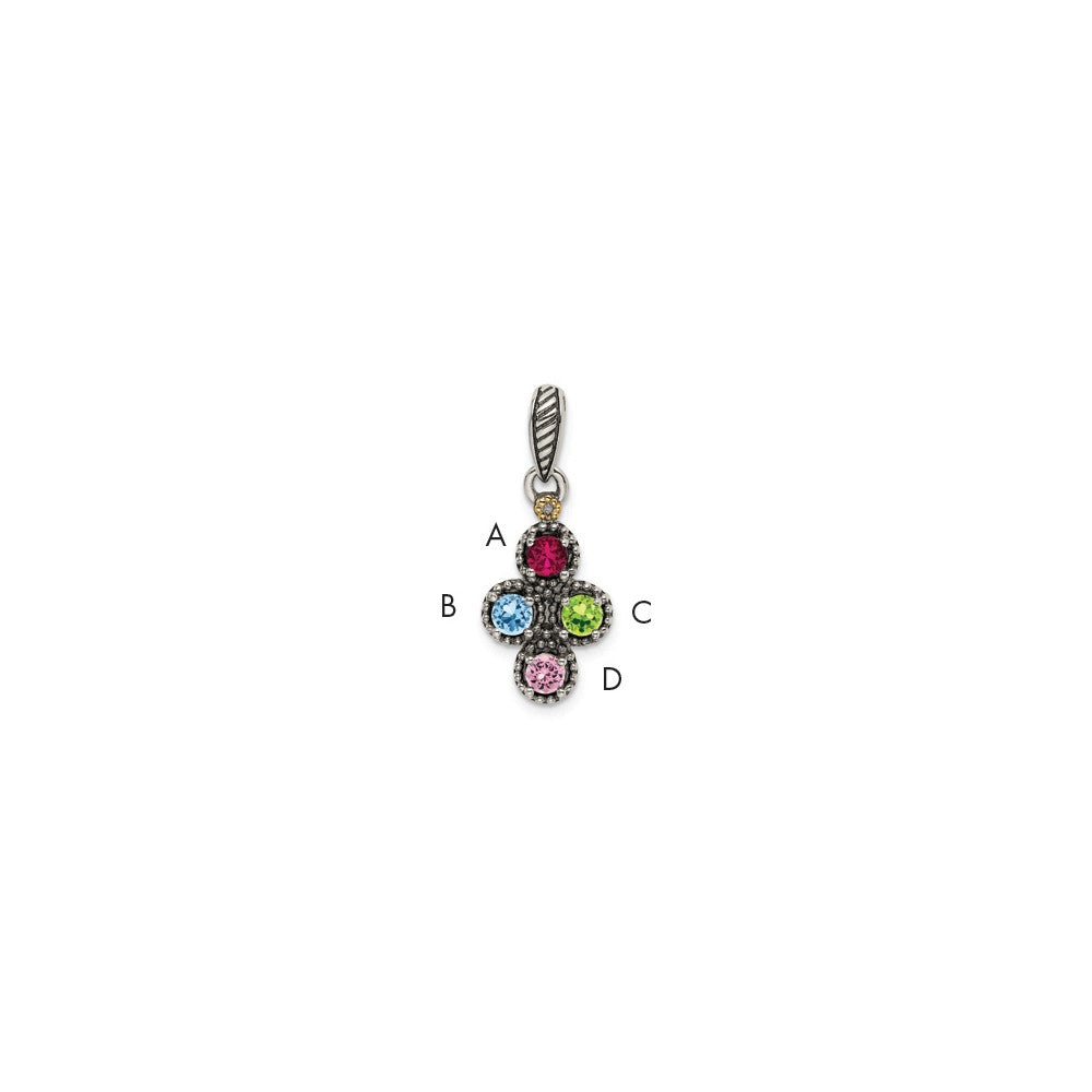 Sterling Silver Antiqued w/14k 4-stone w/Diamond Mother's Pendant